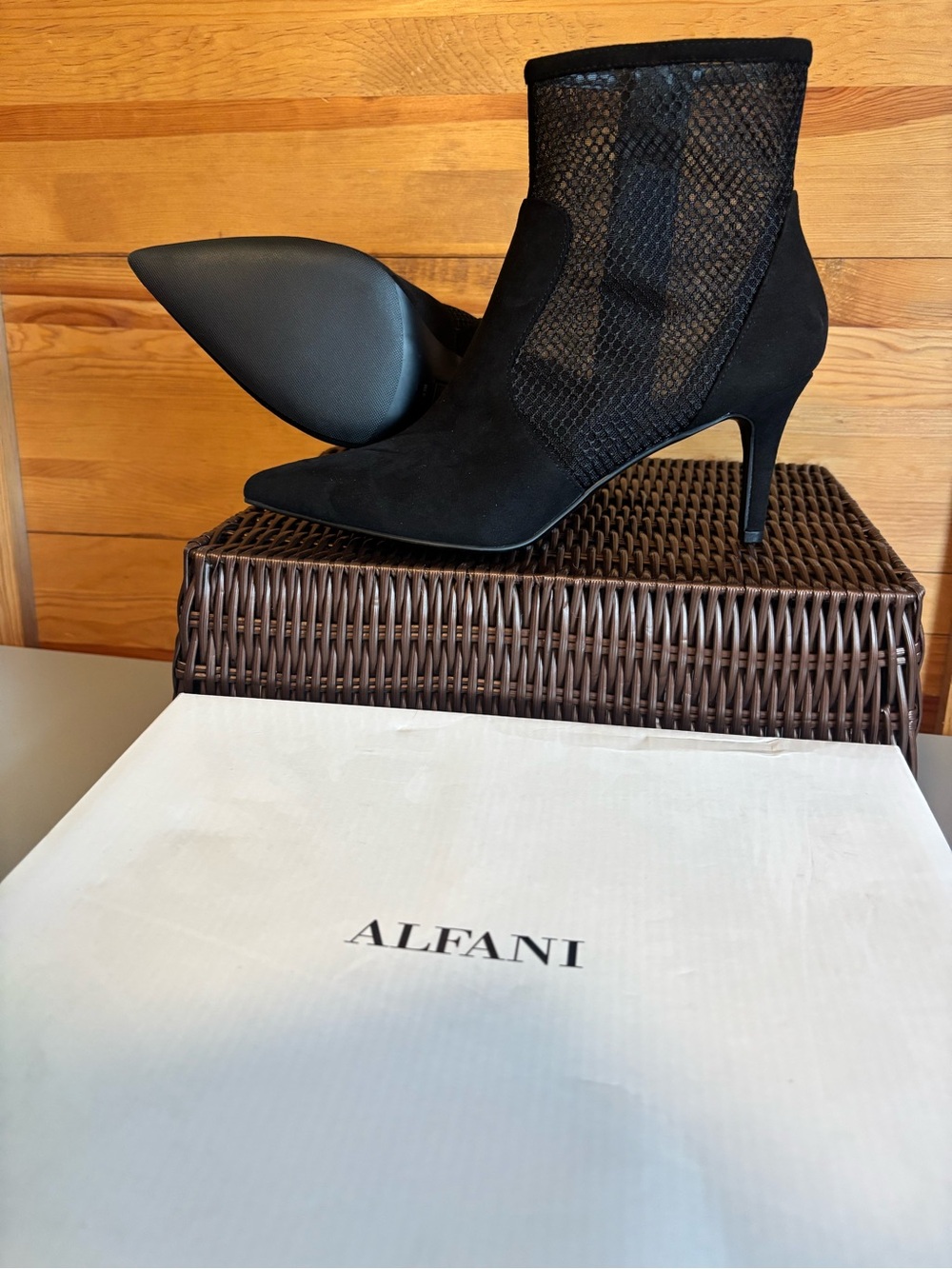 Alfani Black Pointed Toe Mesh Stiletto Ankle Boots